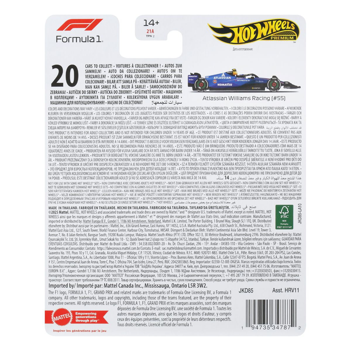 Đồ Chơi Siêu Xe Đua F1 Team Williams - Tay Đua 55 HOT WHEELS JKD85/HRV11