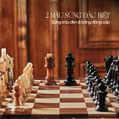 Cờ Vua Sừng Cao Cấp - Bàn cờ gỗ Walnut & Maple - Miniwood Design