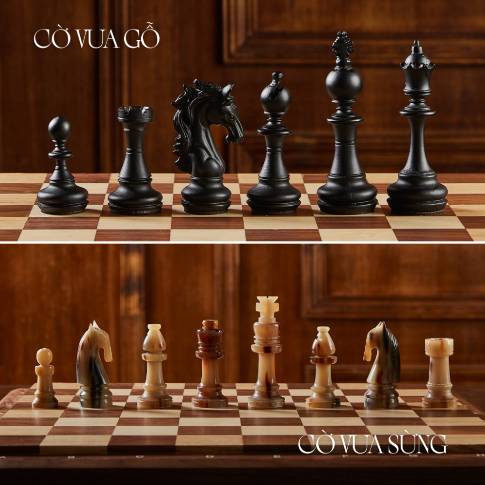Cờ Vua Sừng Cao Cấp - Bàn cờ gỗ Walnut & Maple - Miniwood Design