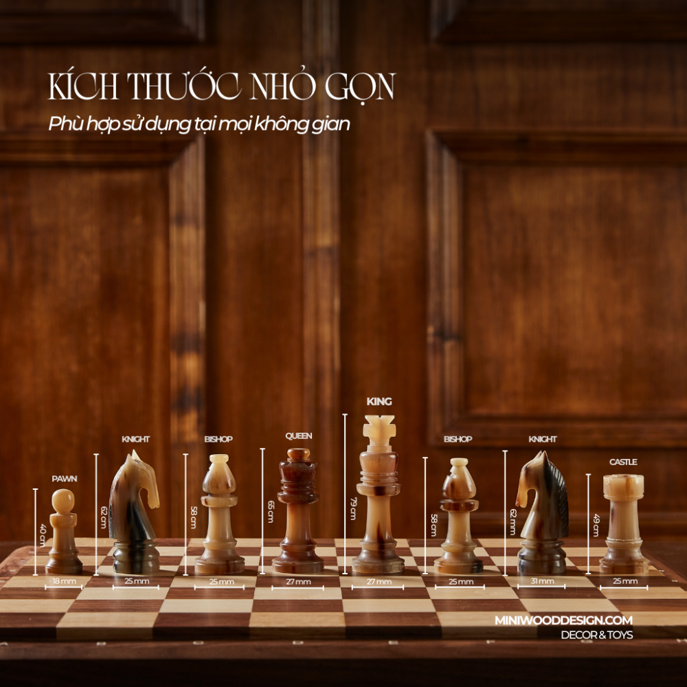 Cờ Vua Sừng Cao Cấp - Bàn cờ gỗ Walnut & Maple - Miniwood Design