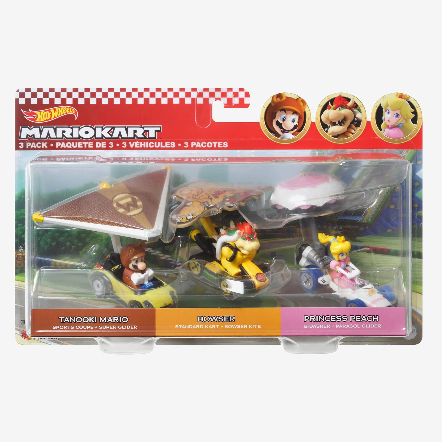 Hot Wheels MARIOKART Vehicle + Glider, Set of 3 - Bộ 3 Xe Mô Hình Mario Kart - Mattel