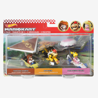 Hot Wheels MARIOKART Vehicle + Glider, Set of 3 - Bộ 3 Xe Mô Hình Mario Kart - Mattel